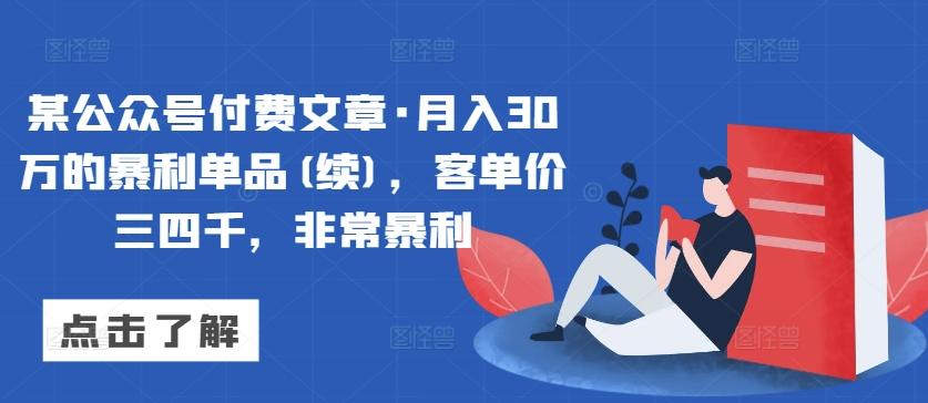 某公众号付费文章·月入30万的暴利单品(续)，客单价三四千，非常暴利-董叔项目网