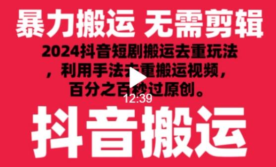 2024最新抖音搬运技术，抖音短剧视频去重，手法搬运，利用工具去重，达到秒过原创的效果【揭秘】-董叔项目网