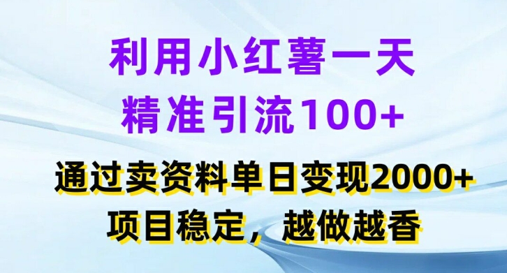 利用小红书一天精准引流100+，通过卖项目单日变现2k+，项目稳定，越做越香【揭秘】-董叔项目网