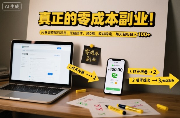 真正的零成本副业！问卷调查暴利项目，无脑操作，纯0撸，收益稳定，每天轻松日入100+【揭秘】-董叔项目网