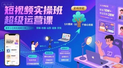 短视频实操班超级运营课，新手小白到短视频大神必修课程，剪辑-拍摄-运营-直播-变现-董叔项目网