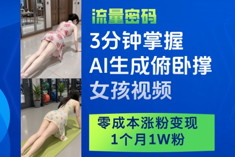 3分钟掌握AI生成俯卧撑女孩视频，零成本涨粉变现，1个月1W粉-董叔项目网