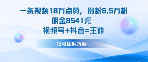 一条视频18W点赞，涨粉6.5W粉佣金8541米，视频号+抖音=王炸-董叔项目网