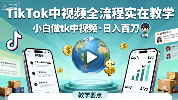 TikTok中视频全流程实操教学，小白做tk中视频，日入百刀-董叔项目网