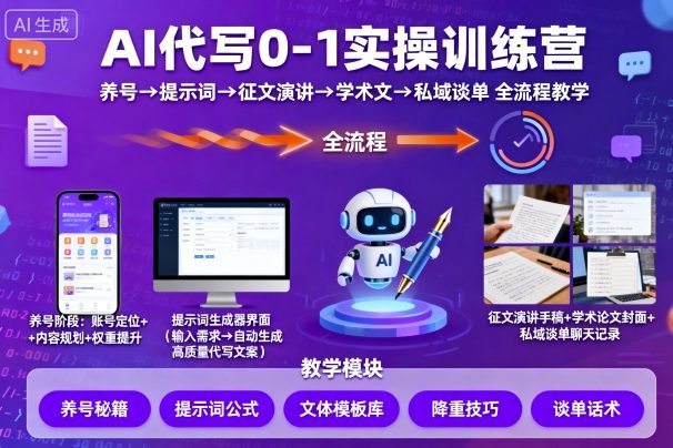 AI代写0-1实操训练营，从养号、提示词、征文演讲、学术文，到私域谈单的全流程教学-董叔项目网