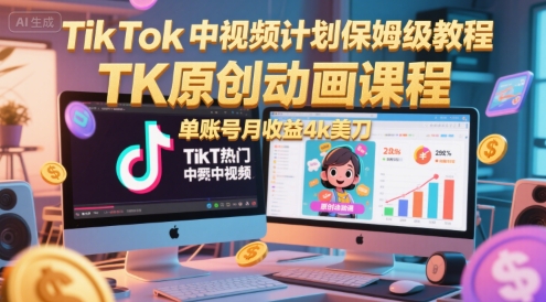 TikTok中视频计划保姆级教程，TK原创动画课程，单账号月收益4k美刀-董叔项目网