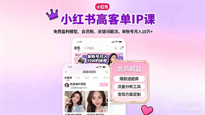 小红书高客单IP课，免费盈利模型、会员制、关键词截流，单账号月入10万+-董叔项目网