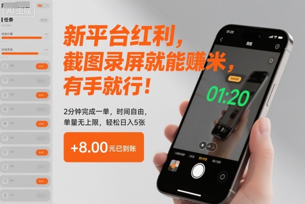 新平台红利，截图录屏就能賺米，有手就行！2分钟完成一单，时间自由，单量无上限，轻松日入5张【揭秘】-董叔项目网