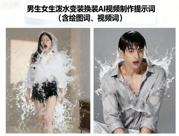 男生女生泼水变装换装AI视频制作提示词(含绘图词、视频词)-董叔项目网