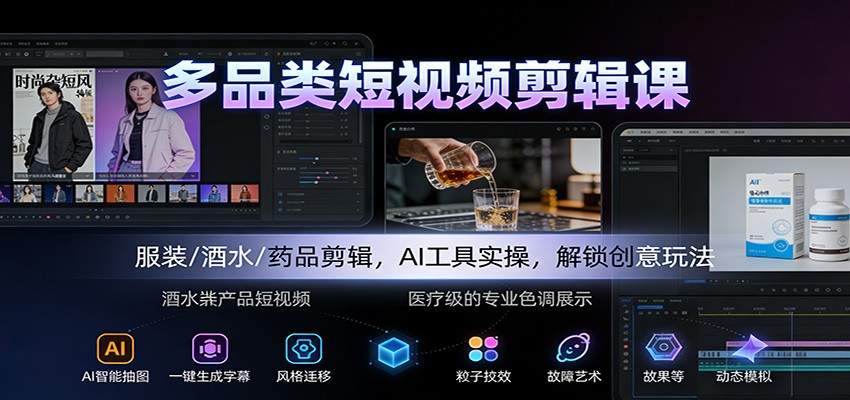 多品类短视频剪辑课：服装/酒水/药品剪辑，AI工具实操，解锁创意玩法-董叔项目网