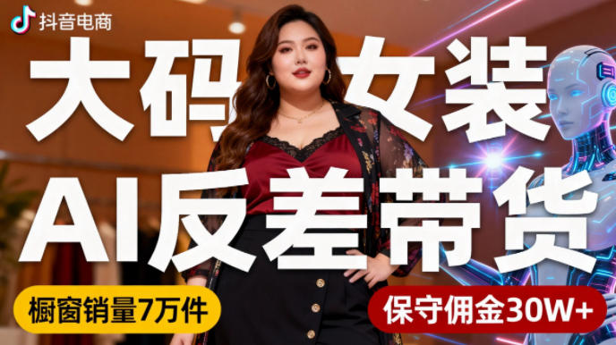 抖音小众赛道，大码女装AI反差带货，不用直播，每天6条作品，橱窗卖7万件，保守佣金30W+-董叔项目网
