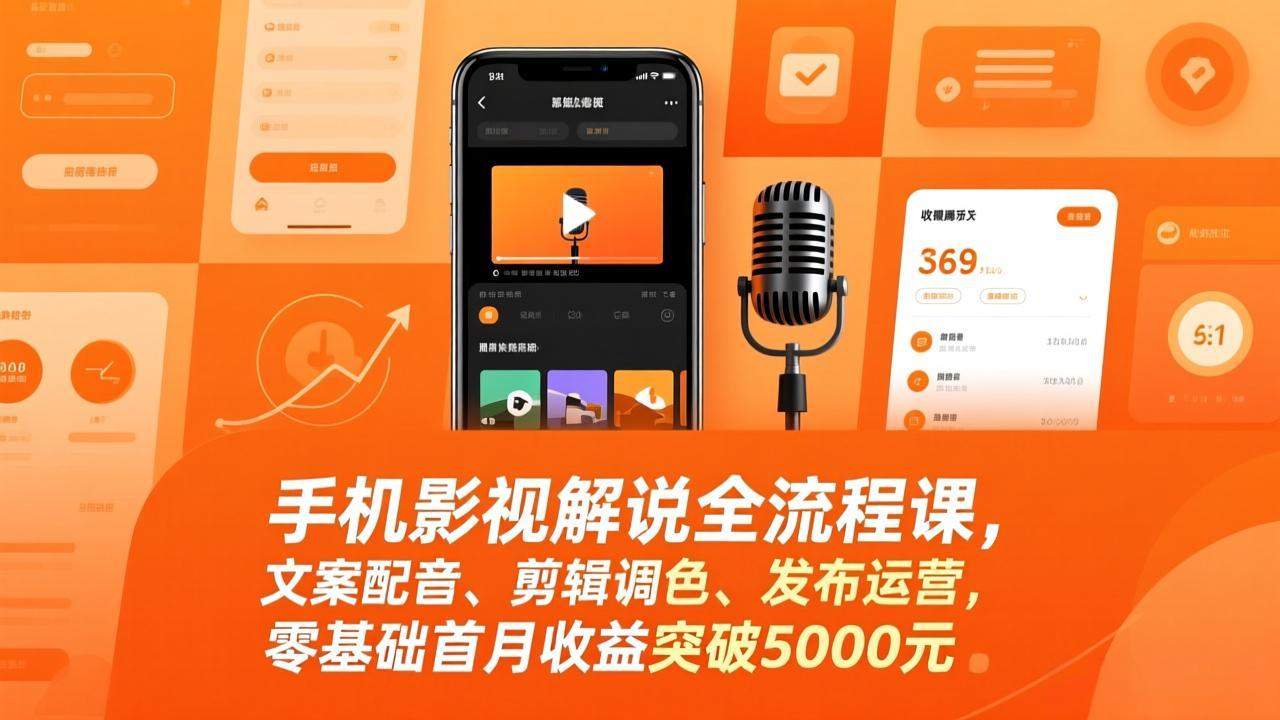 手机影视解说全流程课，文案配音、剪辑调色、发布运营，零基础首月收益突破5000元-董叔项目网
