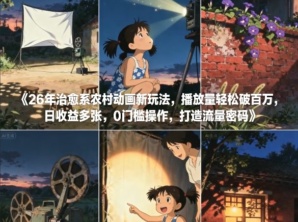 26年治愈系农村动画新玩法，播放量轻松破百万，日收益多张，0门槛操作，打造流量密码-董叔项目网