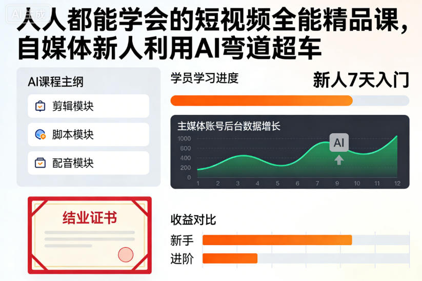 人人都能学会的短视频全能精品课,自媒体新人利用AI弯道超车-董叔项目网