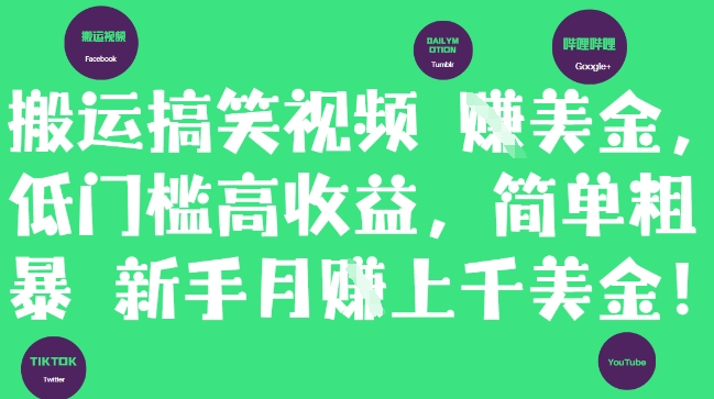 搬运搞笑视频挣美金，低门槛高收益，简单粗暴新手月入上千美刀-董叔项目网