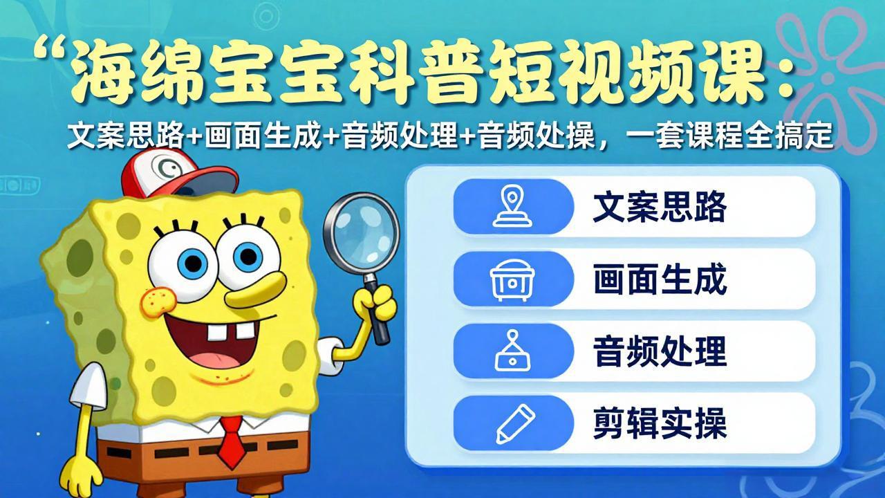 海绵宝宝科普短视频课：文案思路+画面生成+音频处理+剪辑实操，一套课程全搞定-董叔项目网