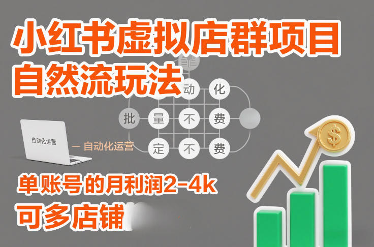 小红书虚拟店群项目，自然流玩法，批量自动化，稳定不费号，单账号的月利润2-4k，可多店矩阵-董叔项目网