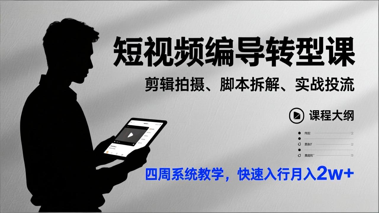 短视频编导转型课，剪辑拍摄、脚本拆解、实战投流，四周系统教学，快速入行月入2w+-董叔项目网