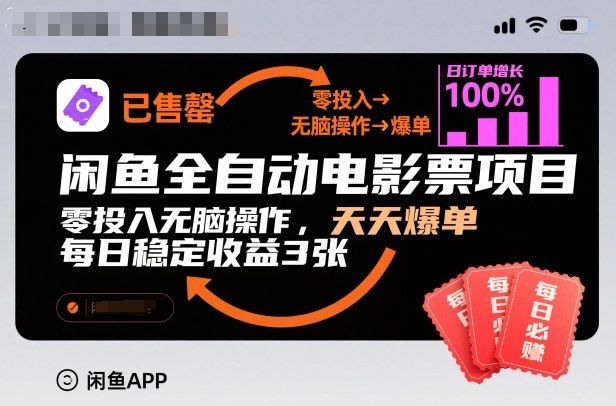 闲鱼全自动电影票项目，零投入无脑操作，天天爆单，每日稳定收益3张【揭秘】-董叔项目网