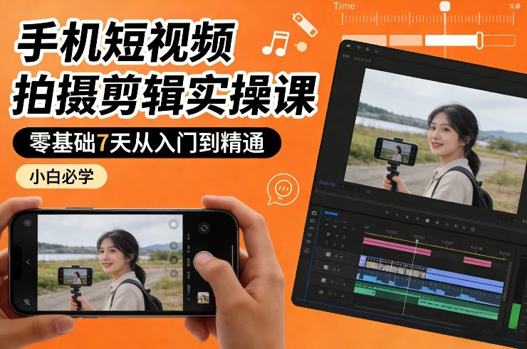 手机短视频拍摄剪辑实操课，零基础7天从入门到精通，小白必学-董叔项目网