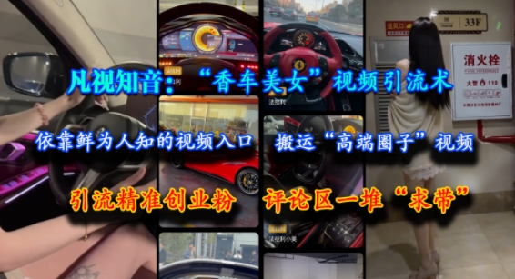 凡视知音：“香车美女”视频引流术，依靠鲜为人知的视频入口，搬运“高端圈子”视频，引流精准创业粉，评论区一堆“求带”-董叔项目网