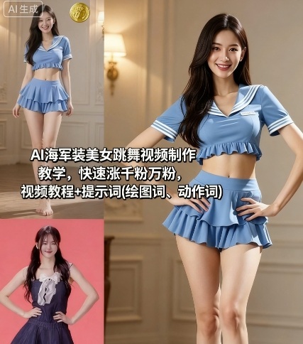 AI海军装美女跳舞视频制作教学，快速涨千粉万粉，视频教程+提示词(绘图词、动作词)-董叔项目网