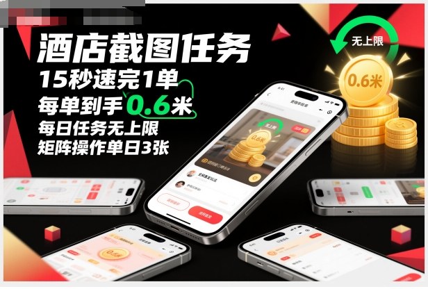 酒店截图任务，15秒速完1单，每单到手0.6米，每日任务无上限，全网首发玩法，矩阵操作单日3张【揭秘】-董叔项目网
