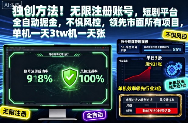 独创方法!无限注册账号,短剧平台全自动掘金,不惧风控,领先市面所有项目,单机一天3张【揭秘】-董叔项目网