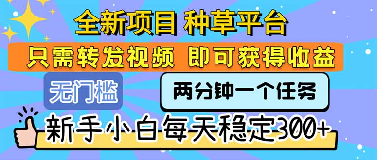 全新项目 种草平台 只需要转发任务视频 即可获得收益 新手小白每天300+-董叔项目网