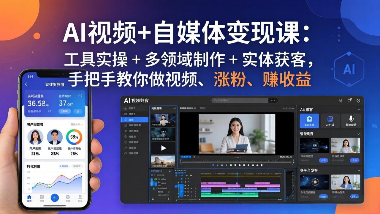 AI视频+自媒体变现课：工具实操 + 多领域制作 + 实体获客，手把手教你做视频、涨粉、赚收益-董叔项目网