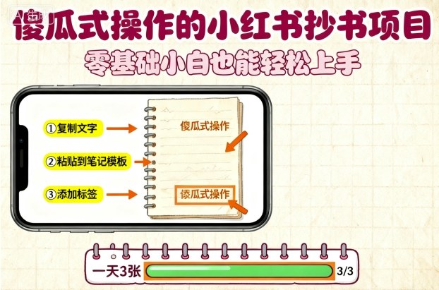 傻瓜式操作的小红书抄书项目，会复制粘贴就行，零基础小白也能一天3张-董叔项目网