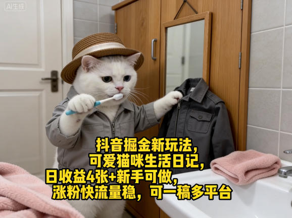 抖音掘金新玩法，可爱猫咪生活日记，日收益4张+新手可做，涨粉快流量稳，可一稿多平台-董叔项目网