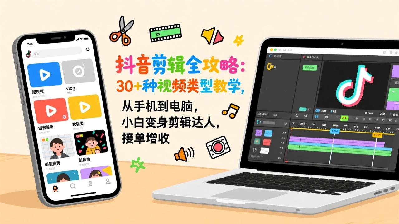 抖音剪辑全攻略：30+种视频类型教学，从手机到电脑，小白变身剪辑达人，接单增收-董叔项目网