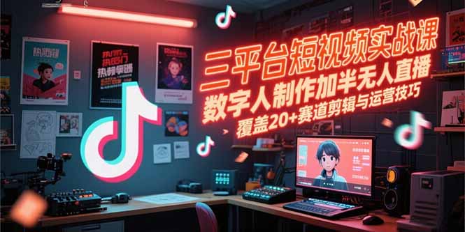 三平台短视频实战课，数字人制作加半无人直播，覆盖20+赛道剪辑与运营技巧-董叔项目网