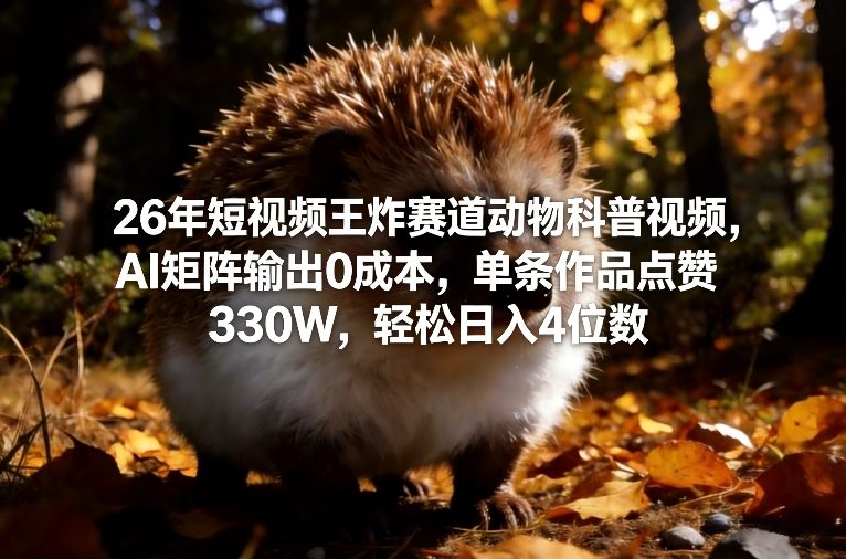 26年短视频王炸赛道动物科普视频，AI矩阵输出0成本，单条作品点赞330W，轻松日入4位数-董叔项目网