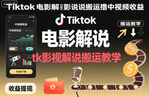 Tiktok电影解说搬运撸中视频收益，tk影视解说搬运教学-董叔项目网
