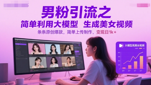 男粉引流之简单利用大模型生成美女视频，条条原创爆款，简单上传制作，变现日1k+-董叔项目网