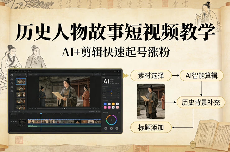 历史人物故事短视频教学，AI+剪辑制作历史人物题材短视频，快速起号涨粉-董叔项目网