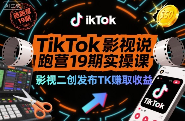 TikTok影视解说陪跑营19期实操课，影视二创发布TK賺取收益，万播收益50美金-董叔项目网