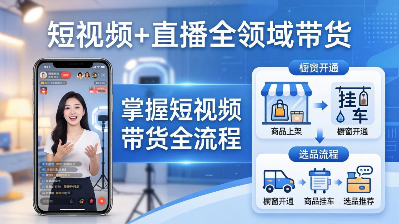 短视频+直播全领域带货：掌握橱窗开通、挂车、选品、爆款文案改编等短视频带货全流程-董叔项目网