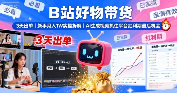 B站好物带货，3天出单，新手月入1W实操拆解，AI生成视频，抓住平台红利期最后机会-董叔项目网