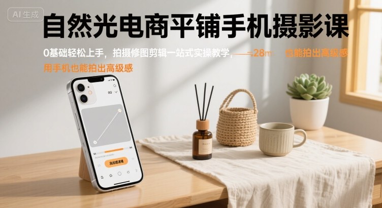 自然光电商平铺手机摄影课，0基础轻松上手，拍摄修图剪辑一站式实操教学，用手机也能拍出高级感-董叔项目网