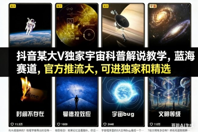 抖音某大V独家宇宙科普解说教学,蓝海赛道,官方推流大,可进独家和精选-董叔项目网