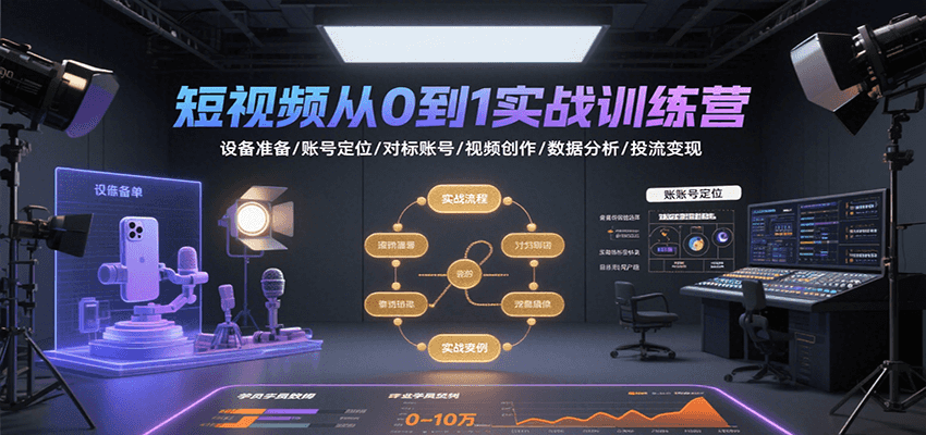 短视频从0到1实战训练营：设备准备/账号定位/对标账号/视频创作/数据分析/投流变现-董叔项目网