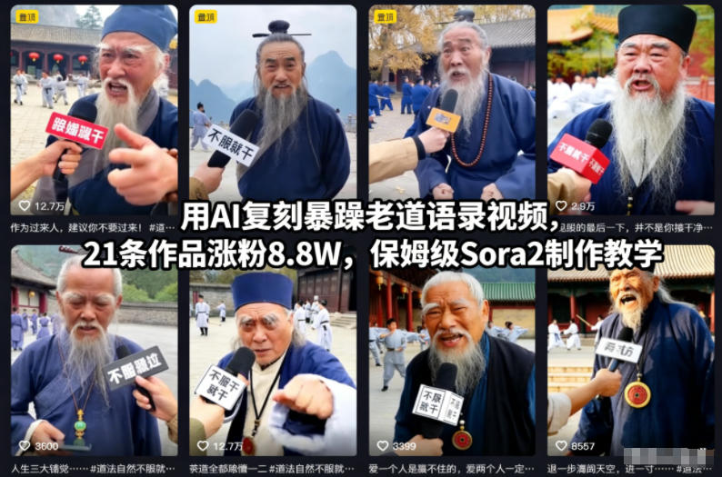 用AI复刻暴躁老道语录视频,21条作品涨粉8.8W,保姆级Sora2制作教学-董叔项目网
