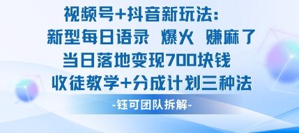 视频号加抖音新玩法：爆火新型每日语录，收徒教学加分成计划，三种变现玩法，当日变现7张-董叔项目网