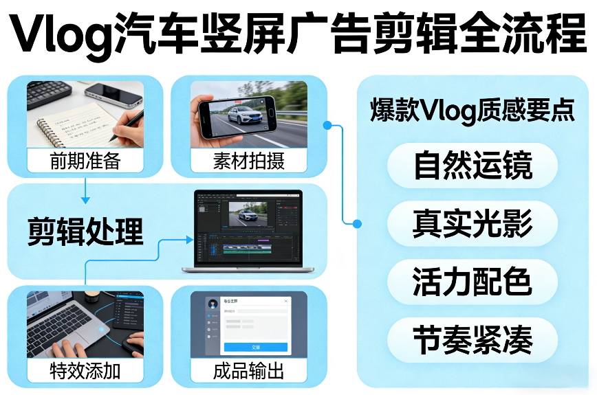 Vlog感觉汽车竖屏广告剪辑脚本全流程,拿捏爆款Vlog质感-董叔项目网