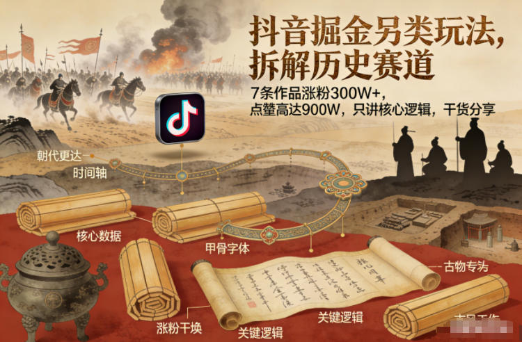抖音掘金另类玩法,拆解历史赛道,7条作品涨粉300W+,点赞量高达900W,只讲核心逻辑,干货分享-董叔项目网