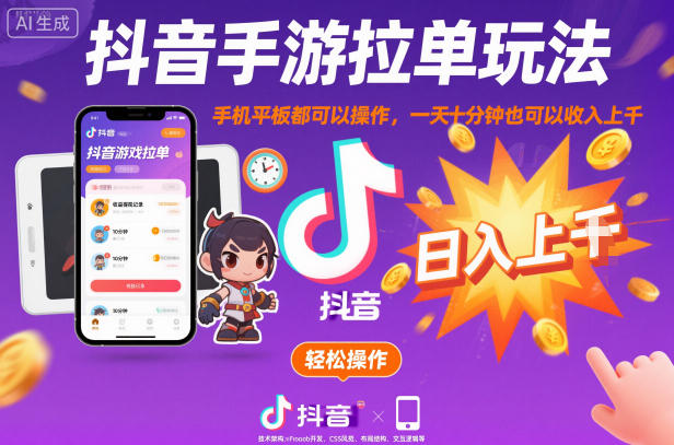 抖音手游拉单玩法，手机平板都可以操作，一天十分钟也可以收入上K【揭秘】-董叔项目网