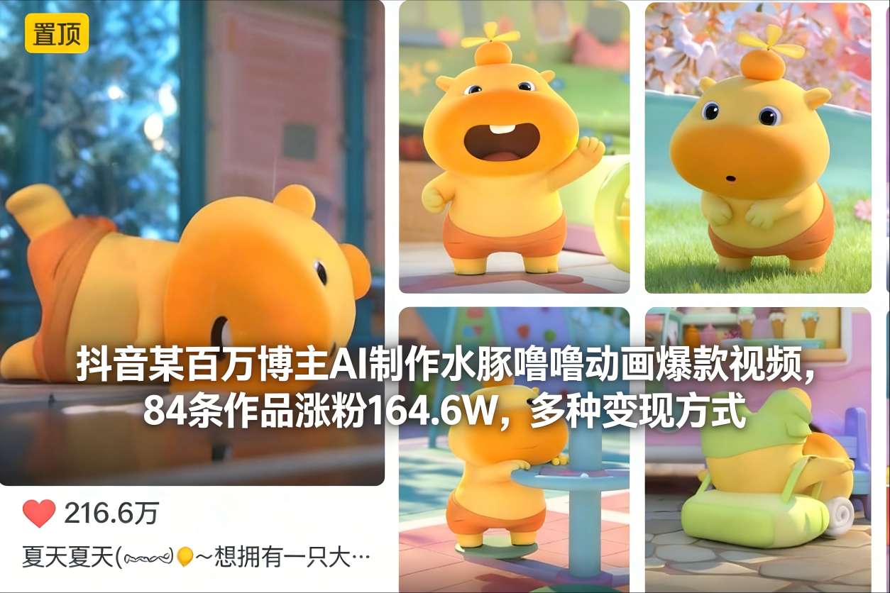 抖音某百万博主AI制作水豚噜噜动画爆款视频，84条作品涨粉164.6W，多种变现方式-董叔项目网